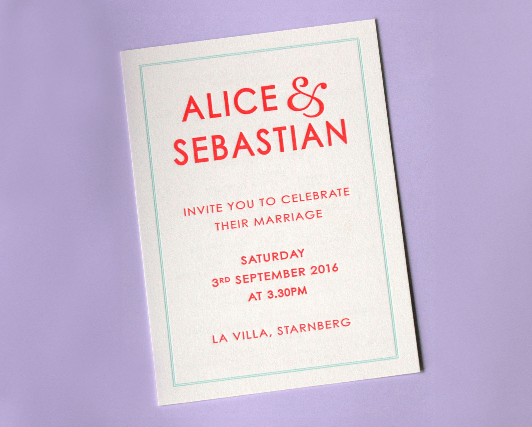 Alice & Sebastian Letterpress Wedding Invitation in English