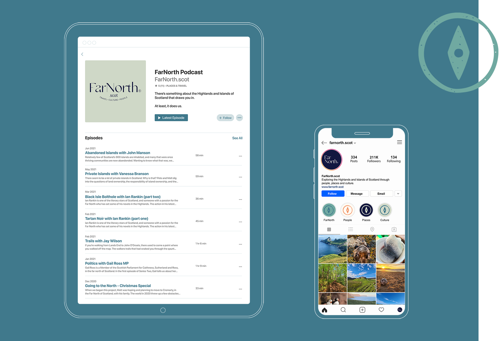 iPad and iPhone device mockups showing the FarNorth podcast homepage and FarNorth Instagram profile